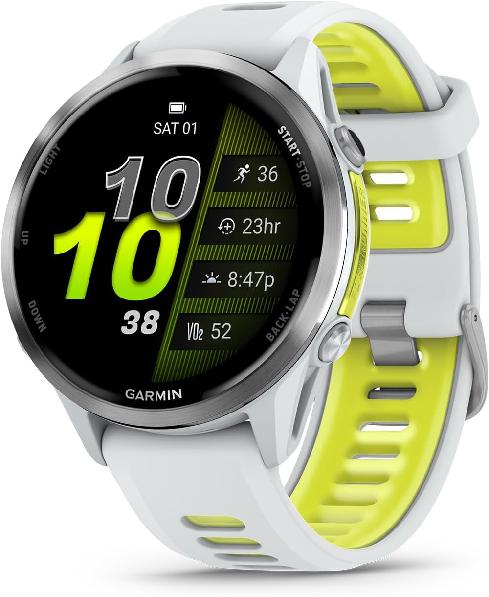 Garmin® Forerunner® 970, Premium GPS Running and Triathlon Smartwatch, AMOLED Display, Built-In LED Flashlight, Titanium with Whitestone Case and Whitestone/Translucent Amp Yellow Band
