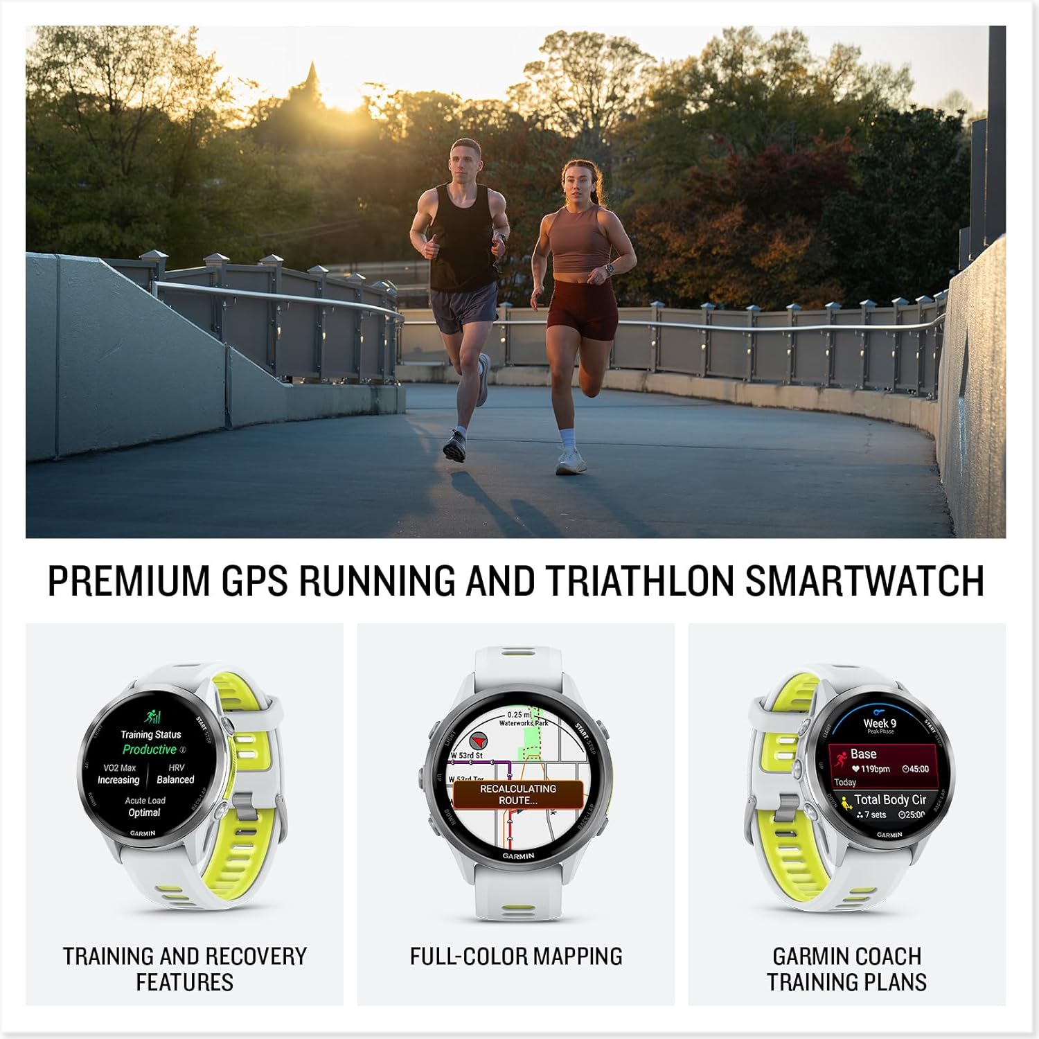 Garmin® Forerunner® 970, Premium GPS Running and Triathlon Smartwatch, AMOLED Display, Built-In LED Flashlight, Titanium with Whitestone Case and Whitestone/Translucent Amp Yellow Band