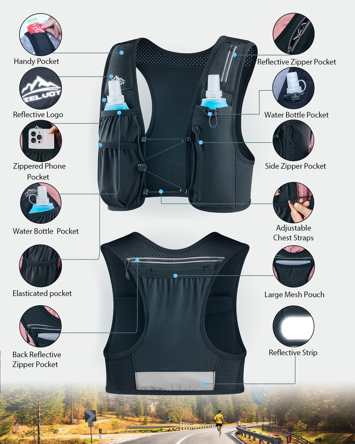 Running Vest for Women Men, USA Original Patent, Adjustable Chest Straps Running Hydration Vest with 500Ml Soft Flask, Lightweight Reflective Hydration Backpack for Marathon