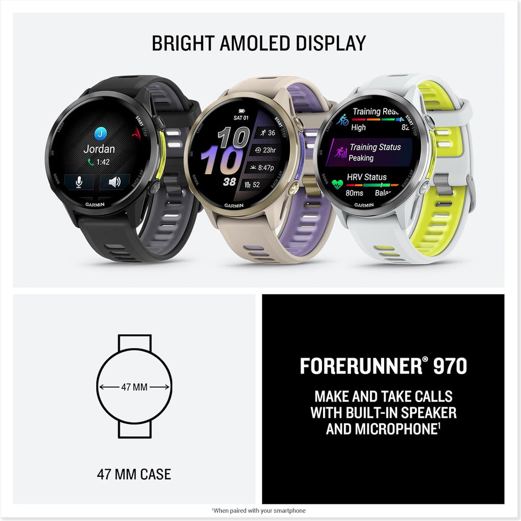 Garmin® Forerunner® 970, Premium GPS Running and Triathlon Smartwatch, AMOLED Display, Built-In LED Flashlight, Titanium with Whitestone Case and Whitestone/Translucent Amp Yellow Band